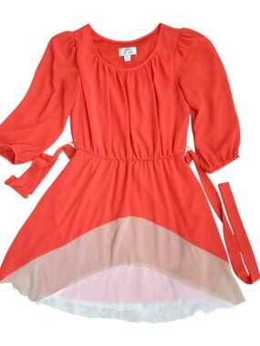 Sweet Storm Coral Boho Dress – Women’s Size S, Flowy Tie Waist Mini Dress